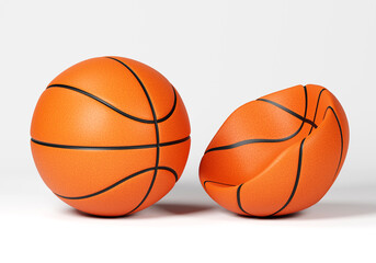 Obraz premium Perfect basketball next to a deflated basketball isolated on white background, contrast concept