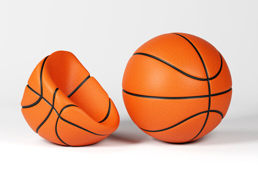 Perfect basketball next to a deflated basketball isolated on white background, contrast concept