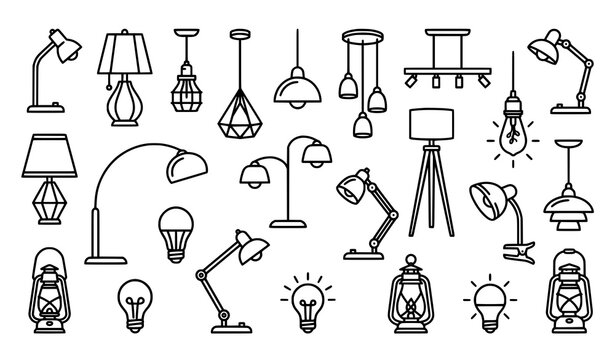 Creative lamp outline vector icon set with minimalist lighting symbols