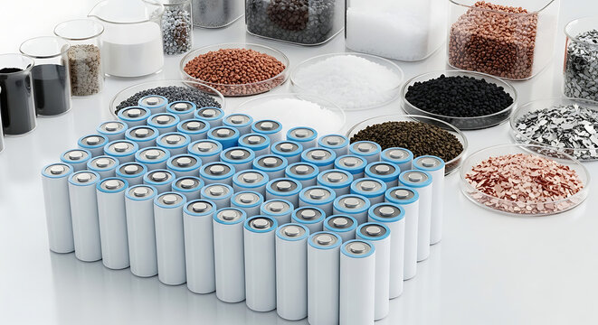 Organized industrial collection of lithium battery cell and mineral raw material supply stored in large container featuring white cylinder component for advanced renewable energy storage