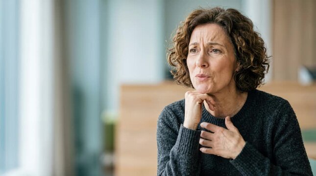 Upset woman talking to camera. Mature female expressing worry and concern during a serious conversation. Emotional communication concept