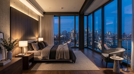 Fototapeta premium Luxurious bedroom with city skyline view at dusk with comfortable bedding and modern furniture
