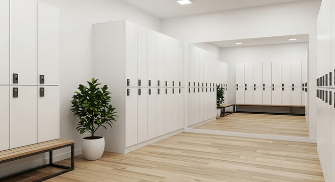 Modern minimalist locker room interior with sleek white storage cabinets, polished wood floor, and glass mirror wall reflecting organized furniture inside an elegant luxury gym or boutique spa.