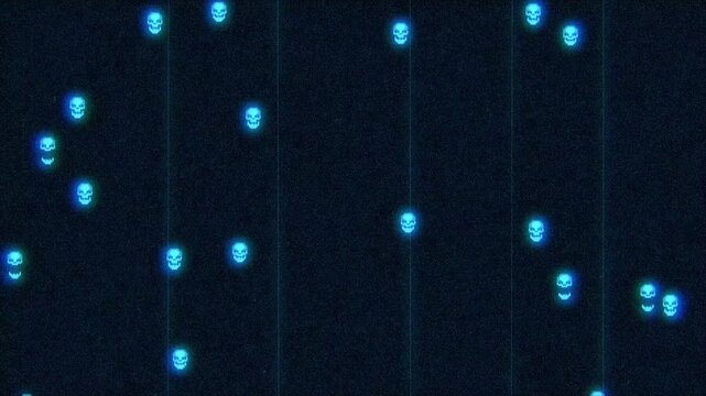 Bright glowing pixel art style human skull symbols moving up on dark screen