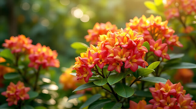 Vibrant ixora flowers in red, yellow, pink, orange, and white blooming in a tropical garden background, soft natural sunlight, elegant layered composition, lush green leaves