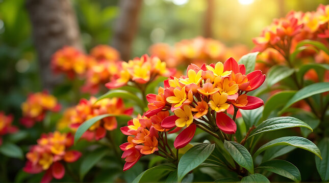 Vibrant ixora flowers in red, yellow, pink, orange, and white blooming in a tropical garden background, soft natural sunlight, elegant layered composition, lush green leaves