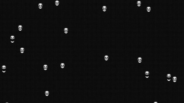 Bright glowing pixel art style human skull symbols moving up on dark screen