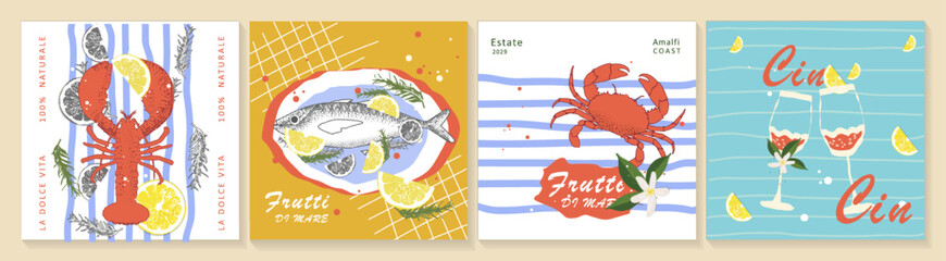 Seafood Mediterranean posters set. Hand-drawn vintage vector illustrations of lobster, crab, fish and cocktails with lemons. Square format for menu design, summer cards or social media posts. © Uliya