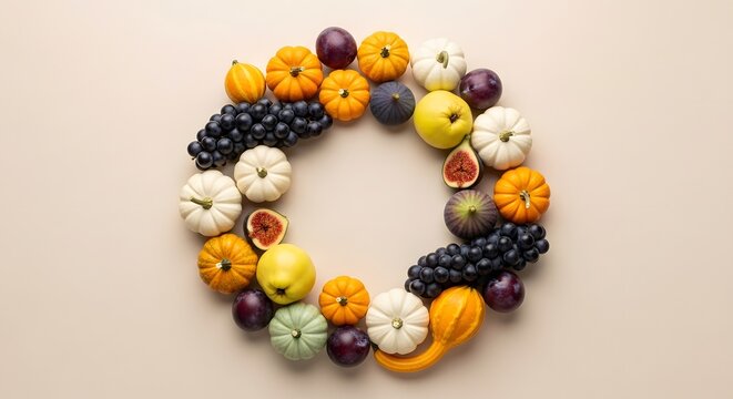 Circular wreath arrangement of miniature pumpkins gourds autumn fruits with flat lay autumn decor circular
