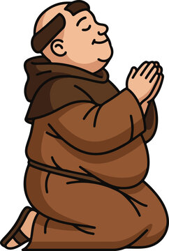 Monk praying vector cartoon. Kneeling friar illustration. Religious character in brown robe habit. Catholic priest monastery brother icon. Hand drawn monk mascot isolated on white. Spiritual faith