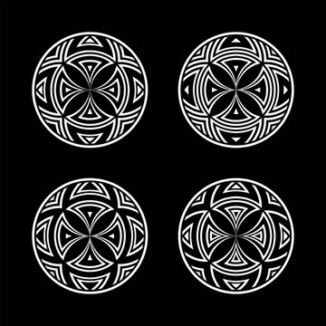 Set of Symmetrical Circle White Design Elements on Black Background. Abstract Icons. 