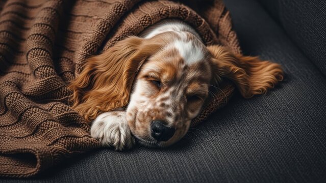 Animal - Cocker Spaniel Puppy Sleeping Peacefully Wrapped in Brown Knit Blanket on Gray Sofa