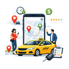modern taxi illustration, ride sharing app, taxi booking app, rideshare service concept, mobile transportation app, urban taxi service, online cab booking, modern transportation illustration, smartpho © Didik