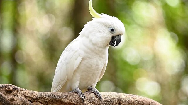 Beautiful white cockatoo perched on tree branch in tropical forest with soft bokeh background and detailed exotic bird portrait