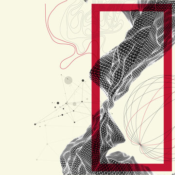 Abstract art composition with wireframe waves, geometric shapes, dots, and lines. Vector