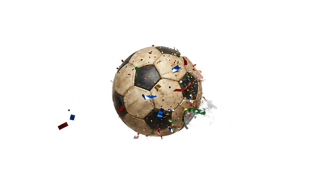 Old soccer ball exploding with colorful confetti on white background