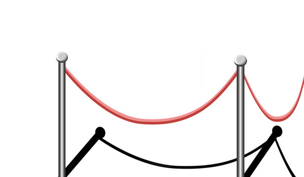 Red and black velvet rope barrier with chrome stanchions isolated on light background, elegant crowd control and VIP event vector illustration