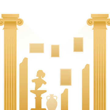 Elegant classical museum interior with golden columns, statues, amphora vase, and empty gallery space in historical architecture vector illustration