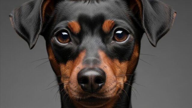 Animal - Miniature Pinscher Puppy Close Up Portrait with Black and Tan Coat Looking at Camera on Gray Background