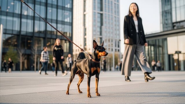 Animal - Miniature Pinscher On Leash Walking With Asian Woman In Modern Urban Business District Plaza