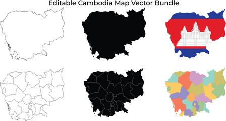 Fototapeta premium Cambodia map bundle: outline, silhouette, flag, provinces