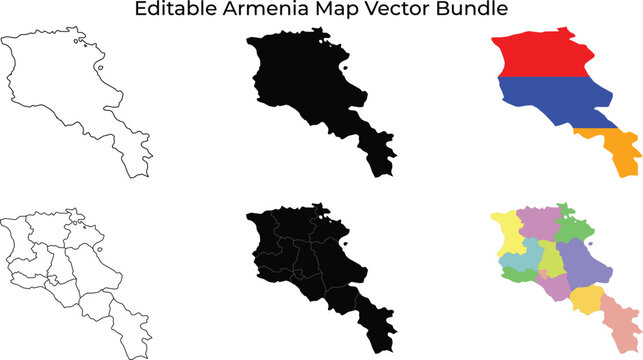 Armenia map bundle: outline, silhouette, flag, and regions