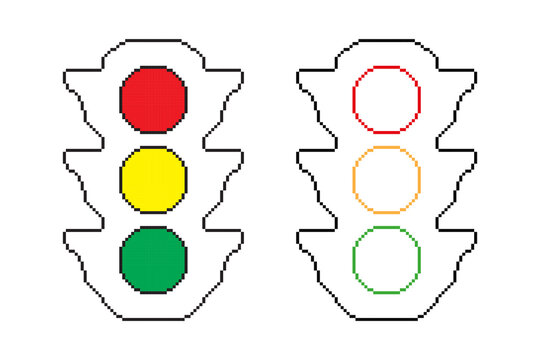 Traffic Light Pixel Art Icon Set with Color Signals in Retro Style