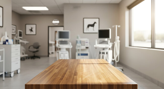 Abstract blurred background of a contemporary veterinary clinic examination room featuring medical equipment, clinical diagnostic tools, and a polished wooden table in the foreground.
