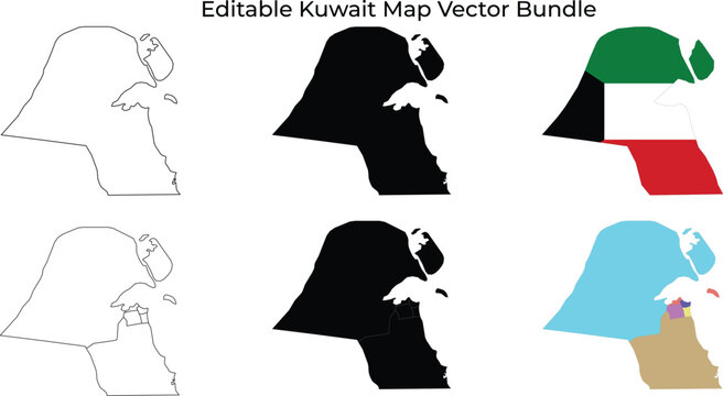 Kuwait map bundle: outline, silhouette, flag, and regions