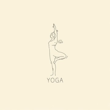 Minimalist line art illustration of a woman doing tree pose yoga exercise