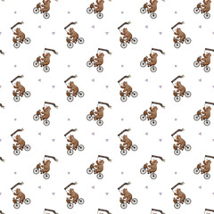 Preppy Mama and baby bear riding bicycle together watercolor seamless pattern © GuitaRies