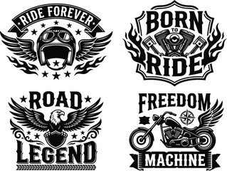 Fototapeta premium Group of monochrome vintage biker emblems featuring elaborate illustrations for specialized visual composition projects.