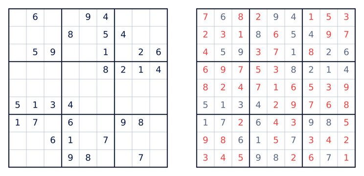 Two Sudoku Grids: Incomplete Puzzle with Numbers and Completed Solution with Highlighted Cells, Logic Game Concept