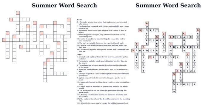 Crossword Puzzle Grid with Clues and Answers, Brain Teaser Game. Word Search & Clues for Holiday Fun & Brain Teasers