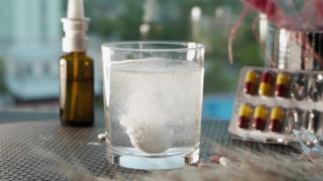 Cough and headache as symptoms of a cold or other respiratory illness. Treatment for the virus with tablets and capsules containing medication. Vitamins and immune system support. World medicine.
