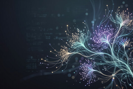 Glowing particle network spreading across dark digital background .generative AI