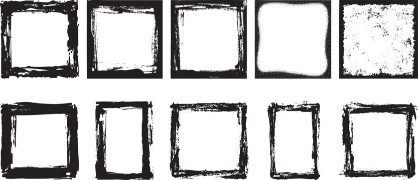 Set of ten square grunge frames with distressed textures and hand painted brush strokes for creative design projects.