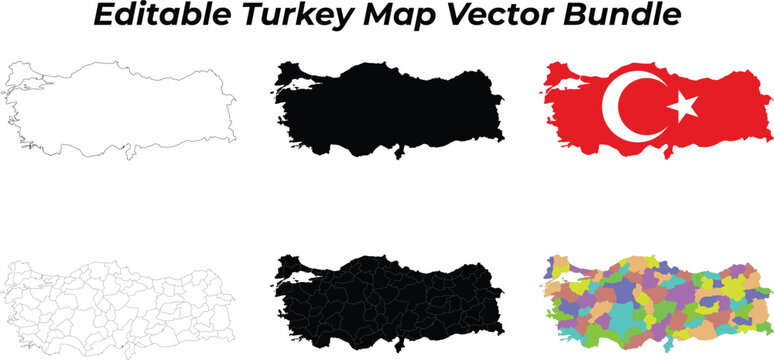 Turkey map variations: outline, silhouette, flag, and provinces