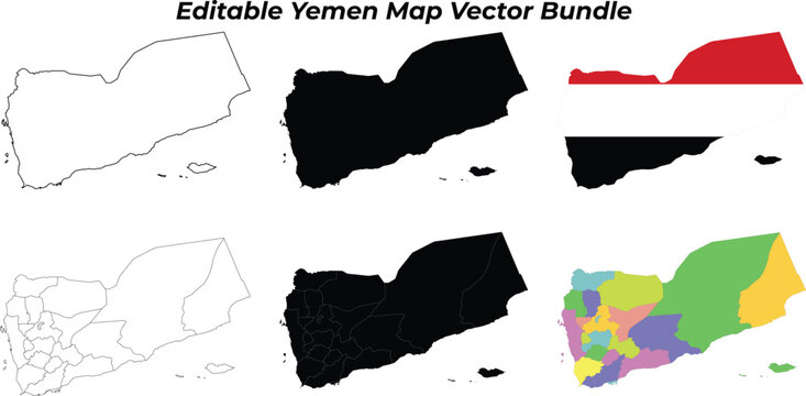 Yemen map bundle: outline, silhouette, and regions