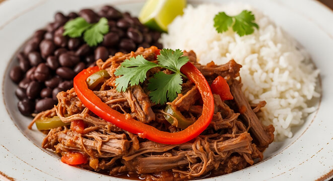 Ropa vieja with black beans and white rice is served on a rustic plate for a traditional meal.