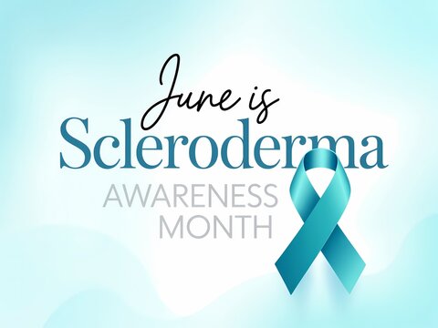 June is scleroderma awareness month with teal ribbon on light blue background