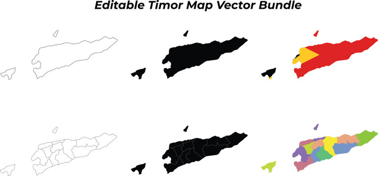 Timor leste map bundle: outline, silhouette, flag, and regions
