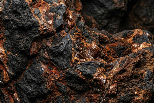 Rough volcanic rock texture with orange mineral veins in close up .generative AI