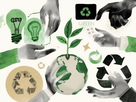 Hands holding a growing plant on earth globe with recycling icons and light bulbs for environmental sustainability and green energy concept illustration