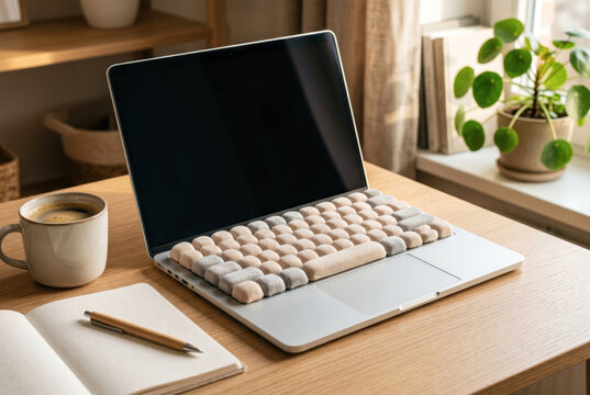 Compact keyboard and black tablet on minimalist home office desk .generative AI