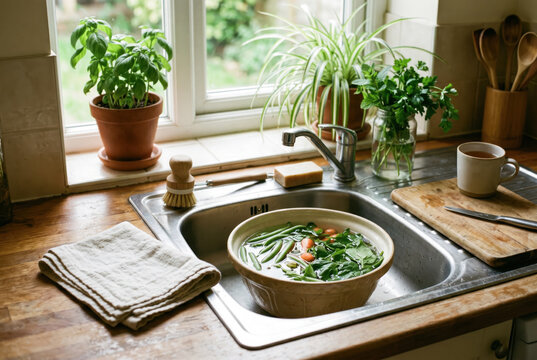 Green soup bowl in kitchen sink with plants and folded towel .generative AI