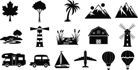 Naklejka premium Collection of silhouette icons featuring various landscapes and modes of transportation