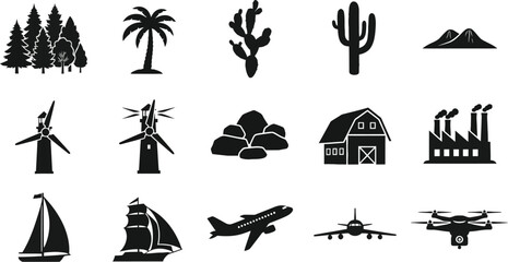 Obraz premium Collection of silhouette icons featuring nature transportation and industry