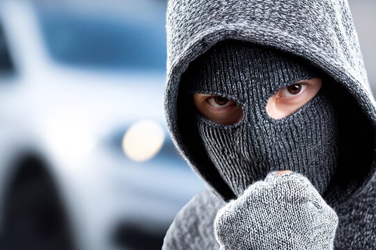 A person wearing a gray ski mask and hoodie stands in front of a car