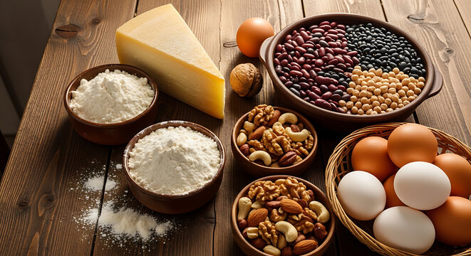 Comprehensive selection of diverse common food allergens featuring dairy cheese, wheat flour, legumes, assorted nuts, and fresh poultry eggs, arranged as raw ingredients for dietary cooking.